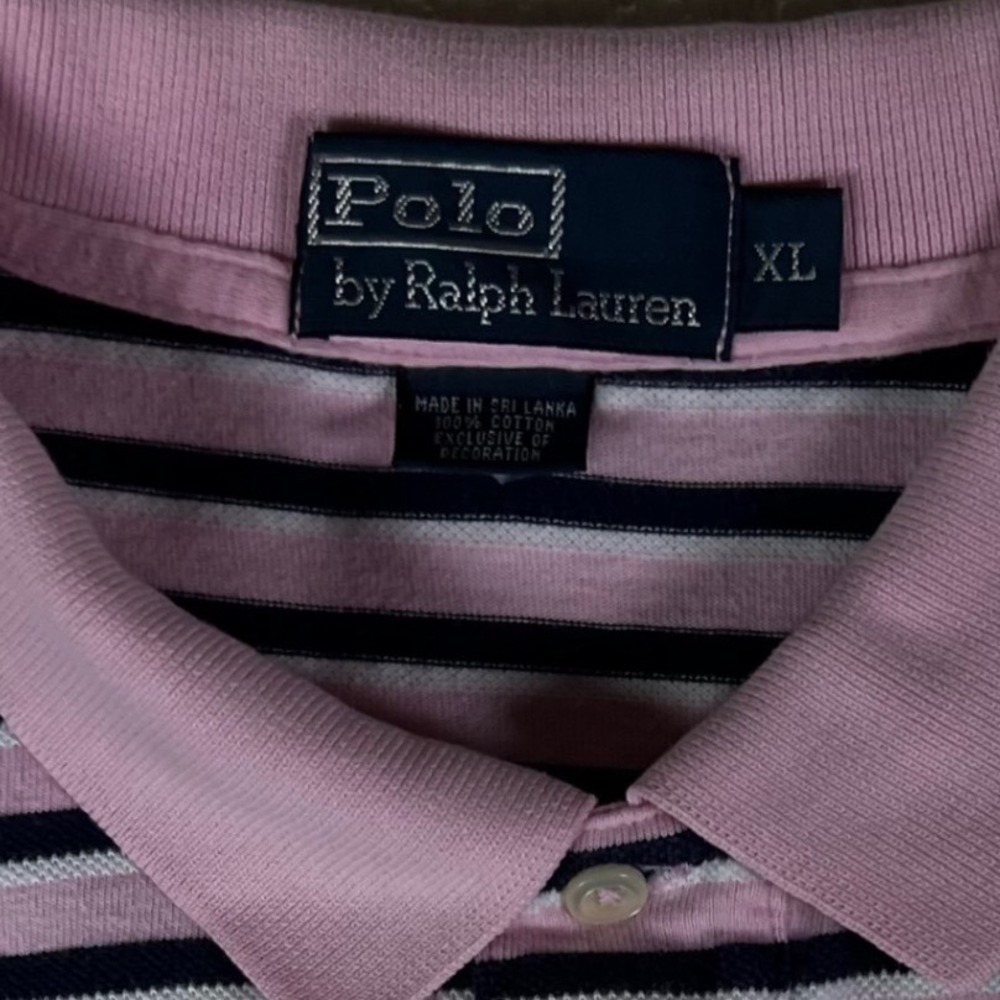 Polo Ralph Lauren Mens XL Pink Navy Blue Striped Short Sleeve Cotton Polo Shirt - Picture 6 of 6